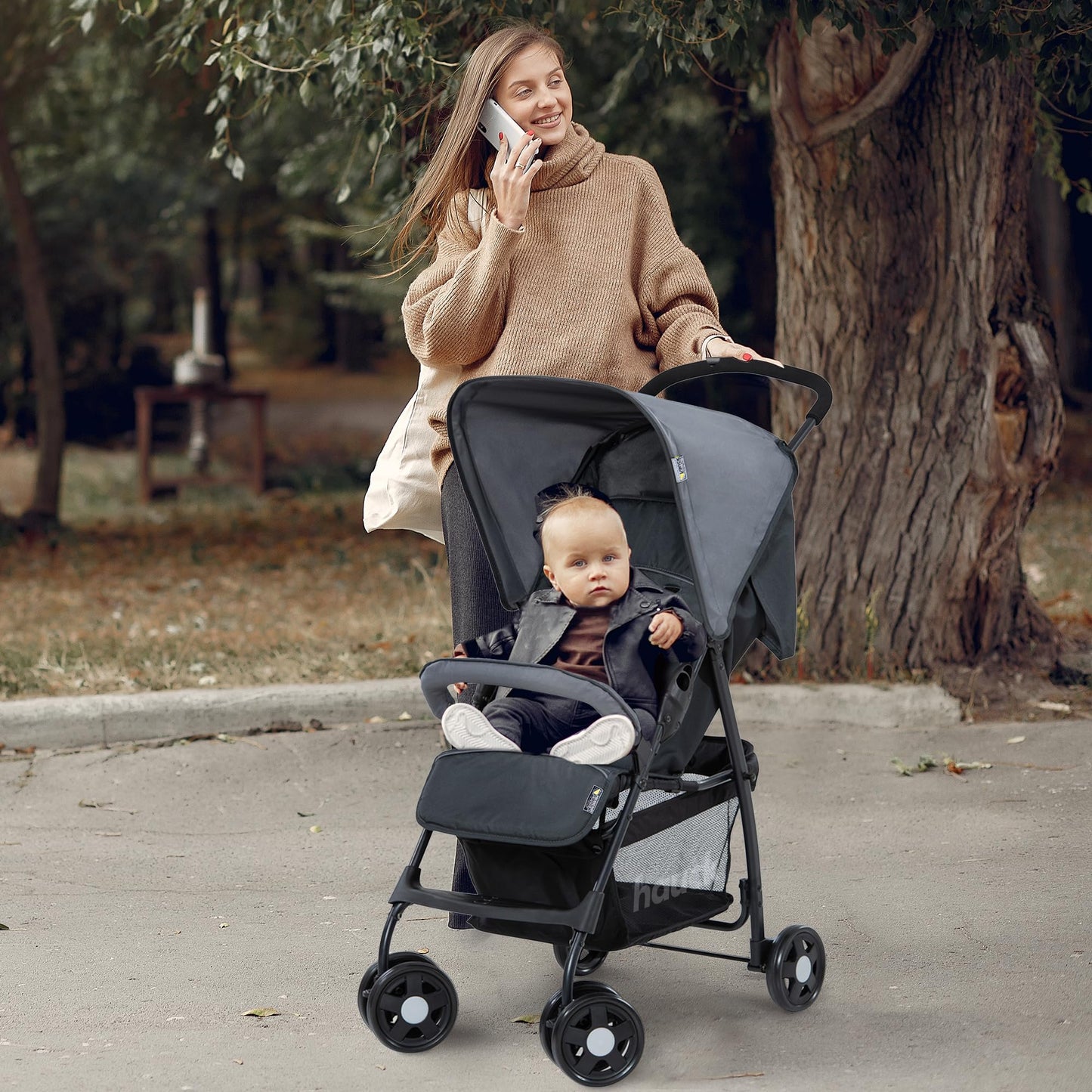 Leichter Reisebuggy mit Liegefunktion, zusammenklappbar, bis 15 kg, mit Einkaufskorb – Grau