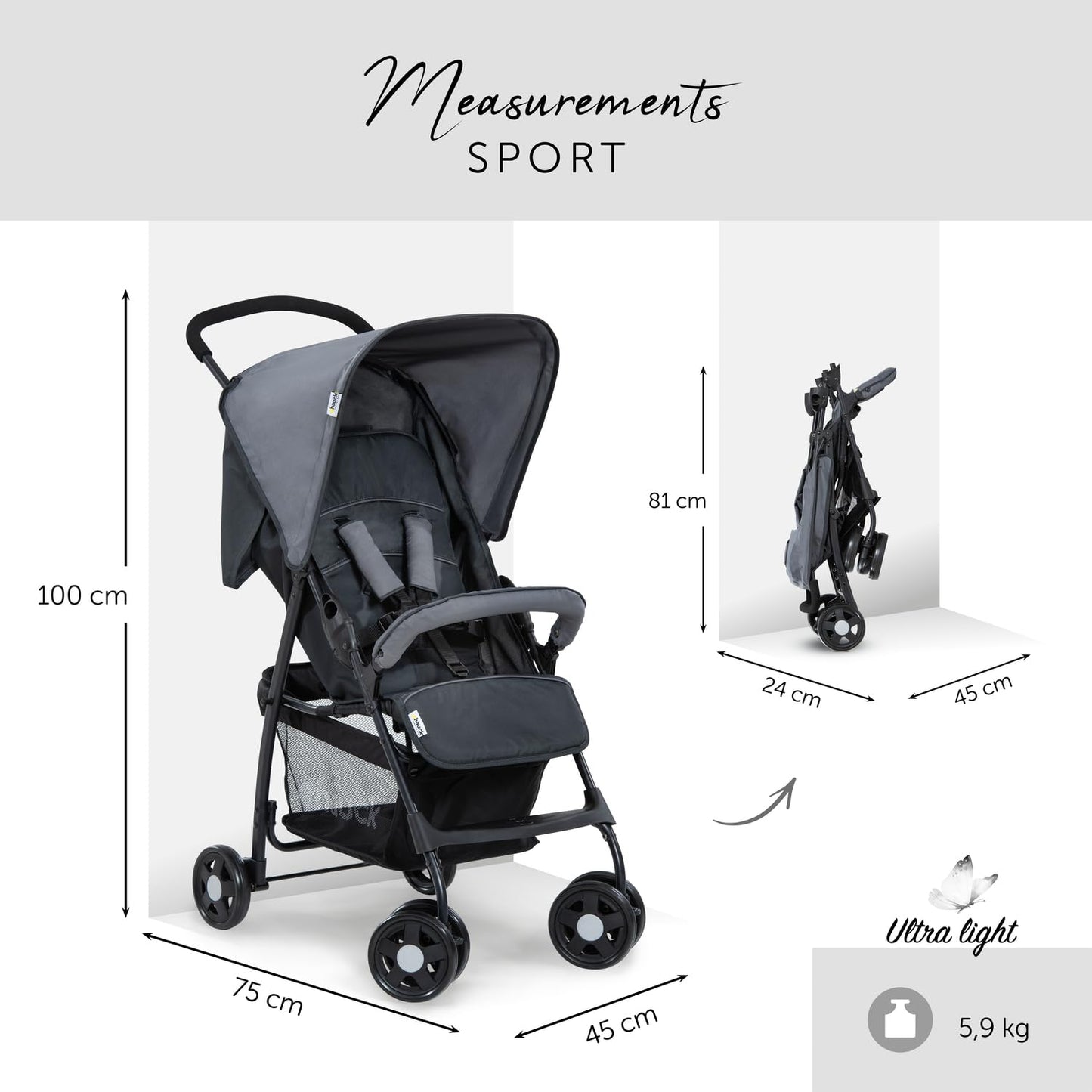 Leichter Reisebuggy mit Liegefunktion, zusammenklappbar, bis 15 kg, mit Einkaufskorb – Grau