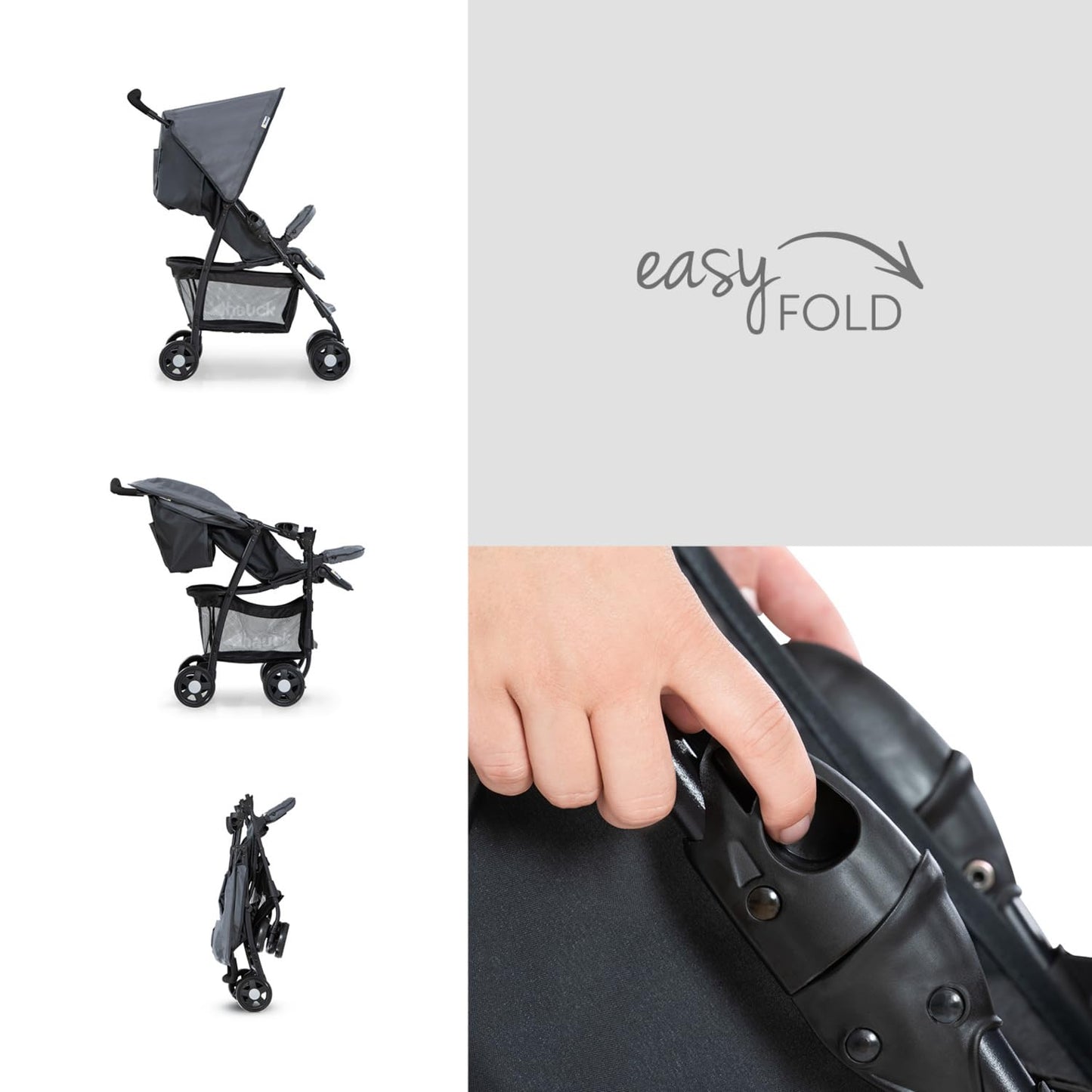 Leichter Reisebuggy mit Liegefunktion, zusammenklappbar, bis 15 kg, mit Einkaufskorb – Grau